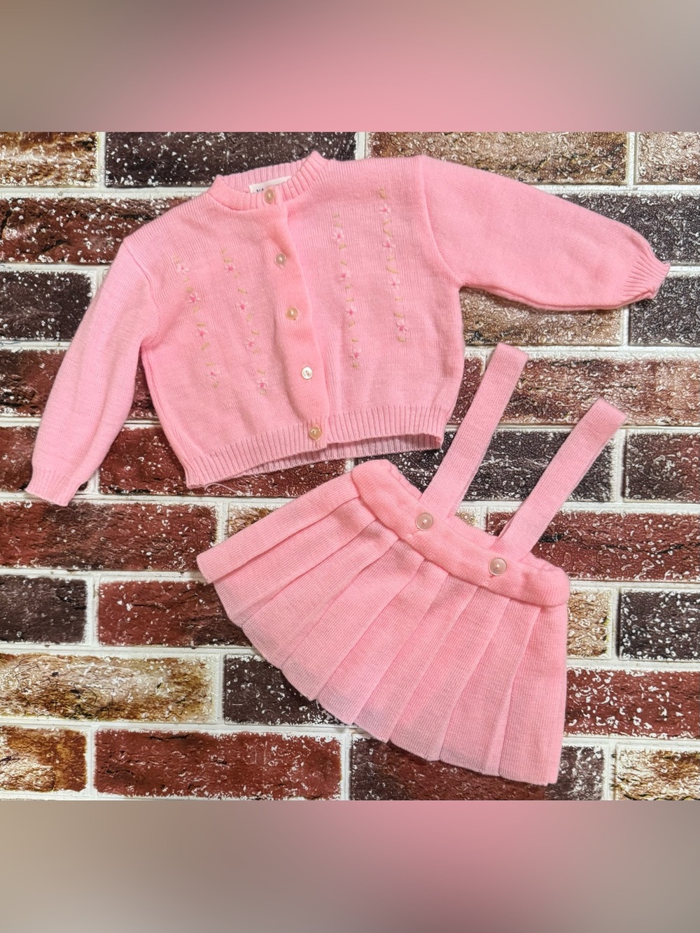 Vintage Nannette pink knit sweater & skirt set ~6m 14.5” sth baby girl